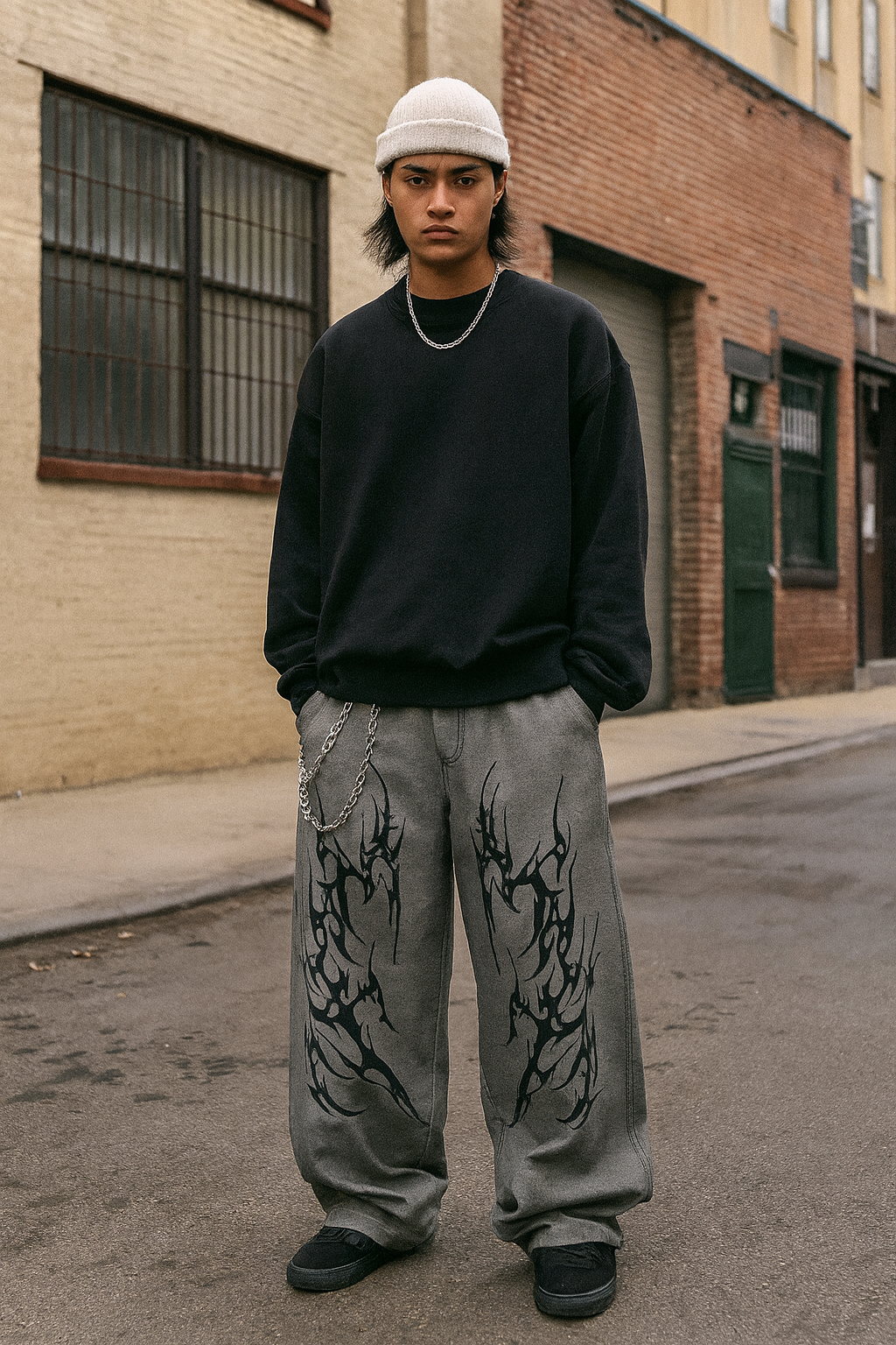 Inferno Edge Wide-Leg Denim Jeans — Two-Tone Tribal Flame Edition