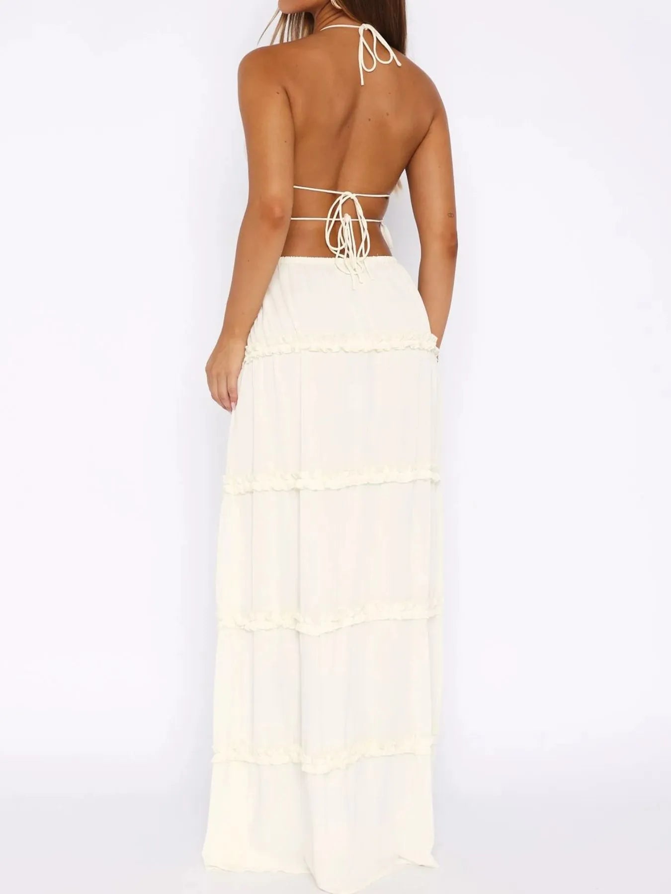 Women's  Ivory Two Piece Maxi Set. Long flowy maxi skirt with matching halter- top Absolutely Stunning.  a beautiful ensemble
