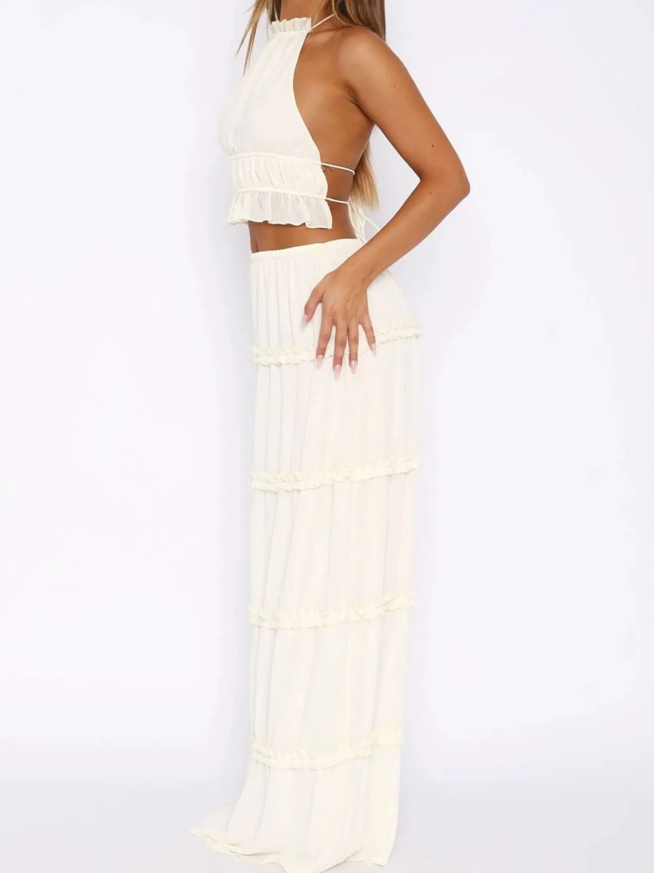Women's  Ivory Two Piece Maxi Set. Long flowy maxi skirt with matching halter- top Absolutely Stunning.  a beautiful ensemble