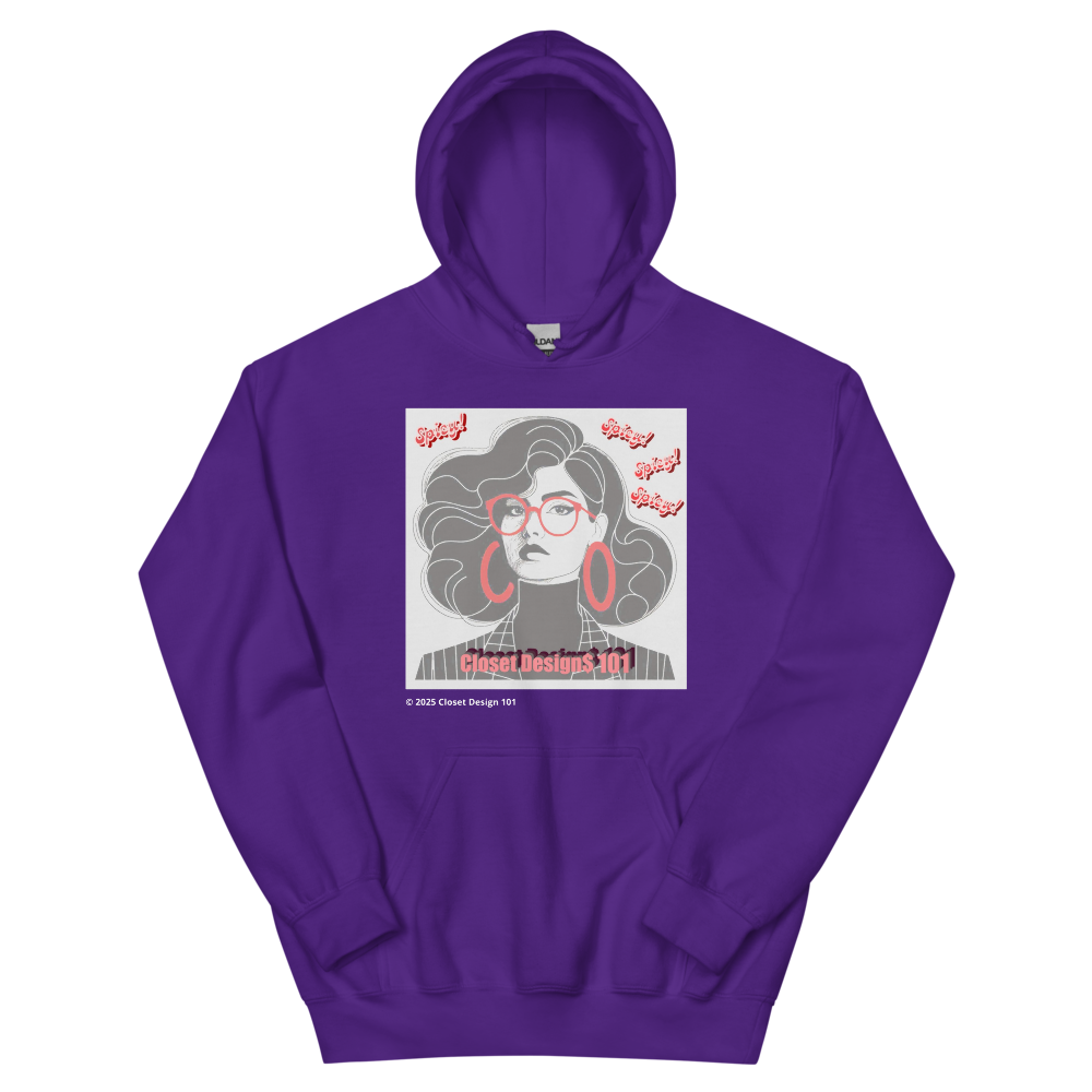 Purple hoodie with a graphic design of a woman with red glasses and text  " Spicy! "Closet Design 101" on a 
white background
