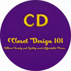 Purple background with gold 'CD' logo and text 'Closet Design 101' on a purple background