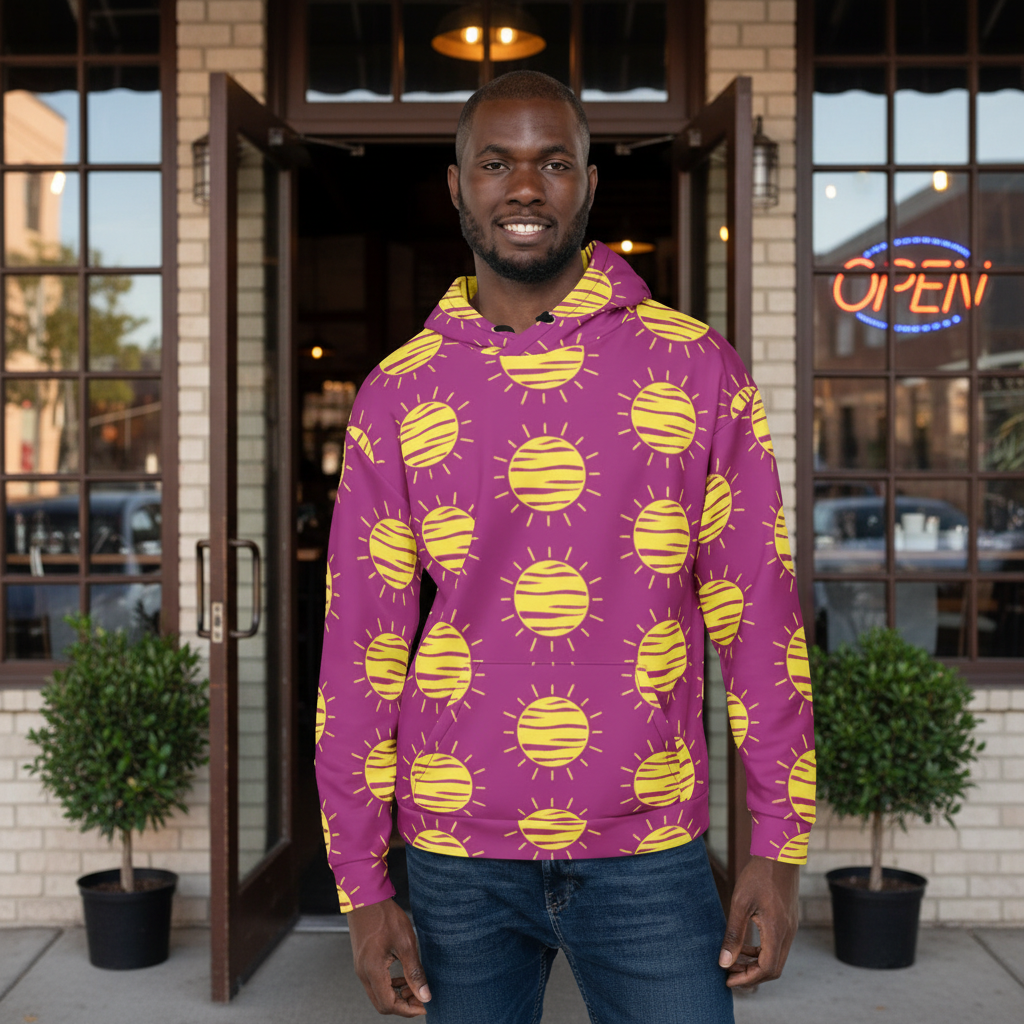 Man wearing a purple hoodie with yellow sun patterns on a white background