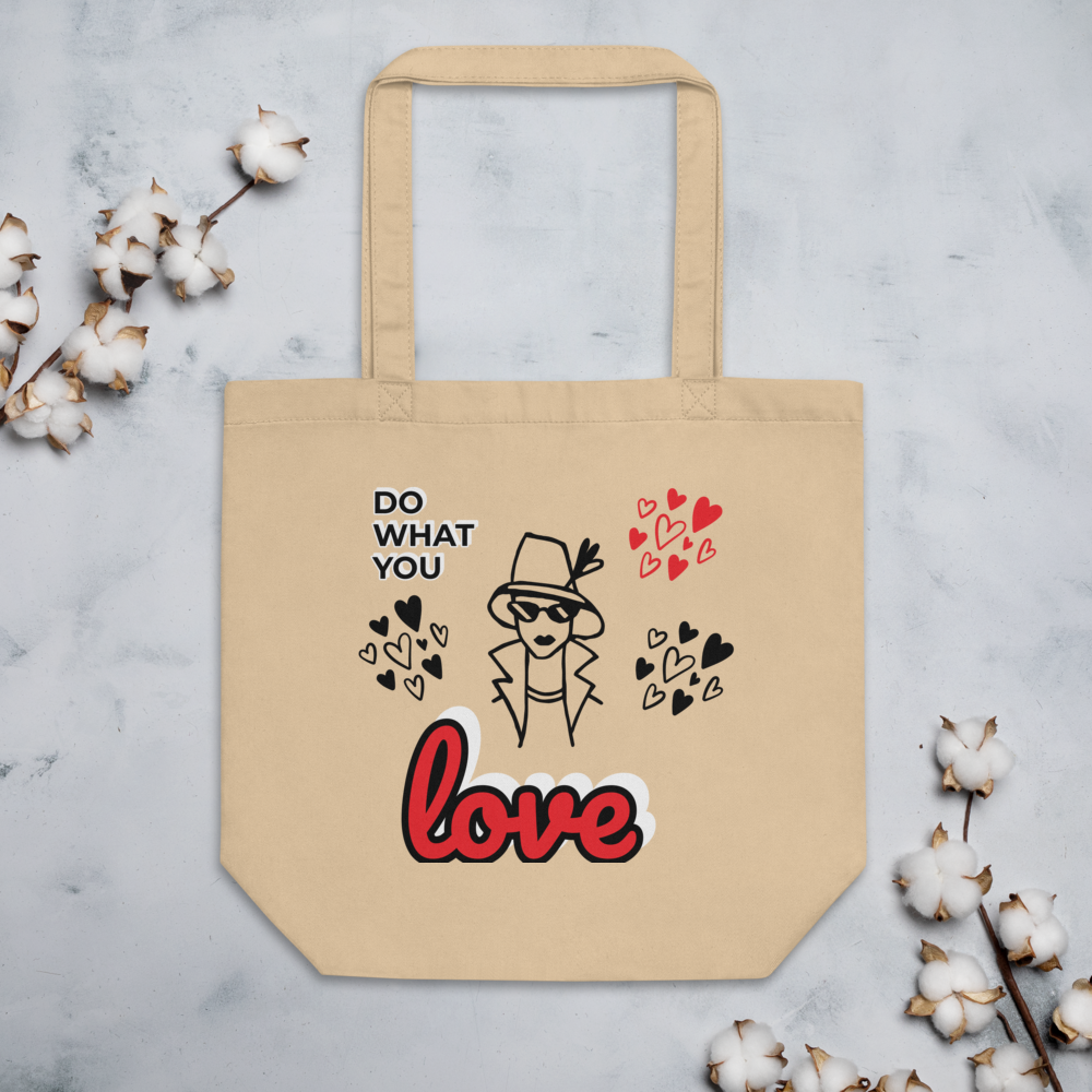 Certified Organic Love Script Tote – Beige with Red & Black Accents