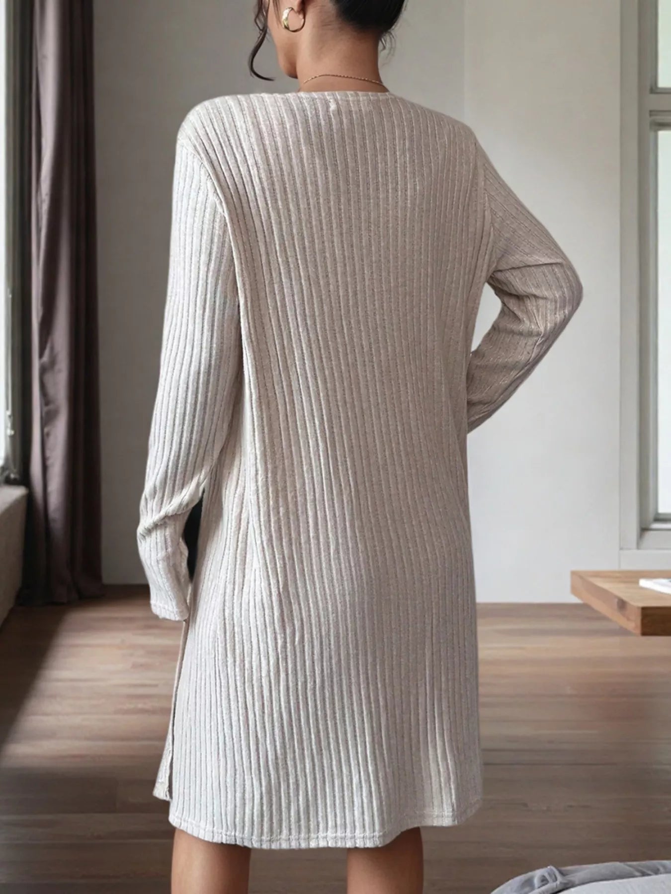 Womens Beige Ribbed Knit Dress and Cardigan Set