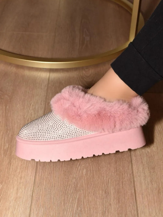 "Women's Pink Embellished Faux Fur Platform Booties with rhinestones.