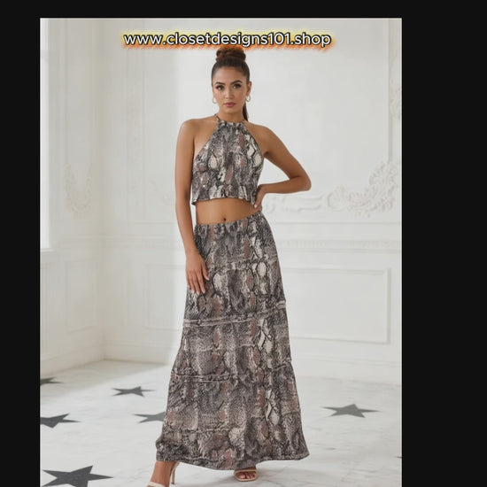Women's Two Piece Snakeskin Printed Maxi Set. Long flowy maxi skirt with matching halter- top Absolutely Stunning.  a beautiful ensemble