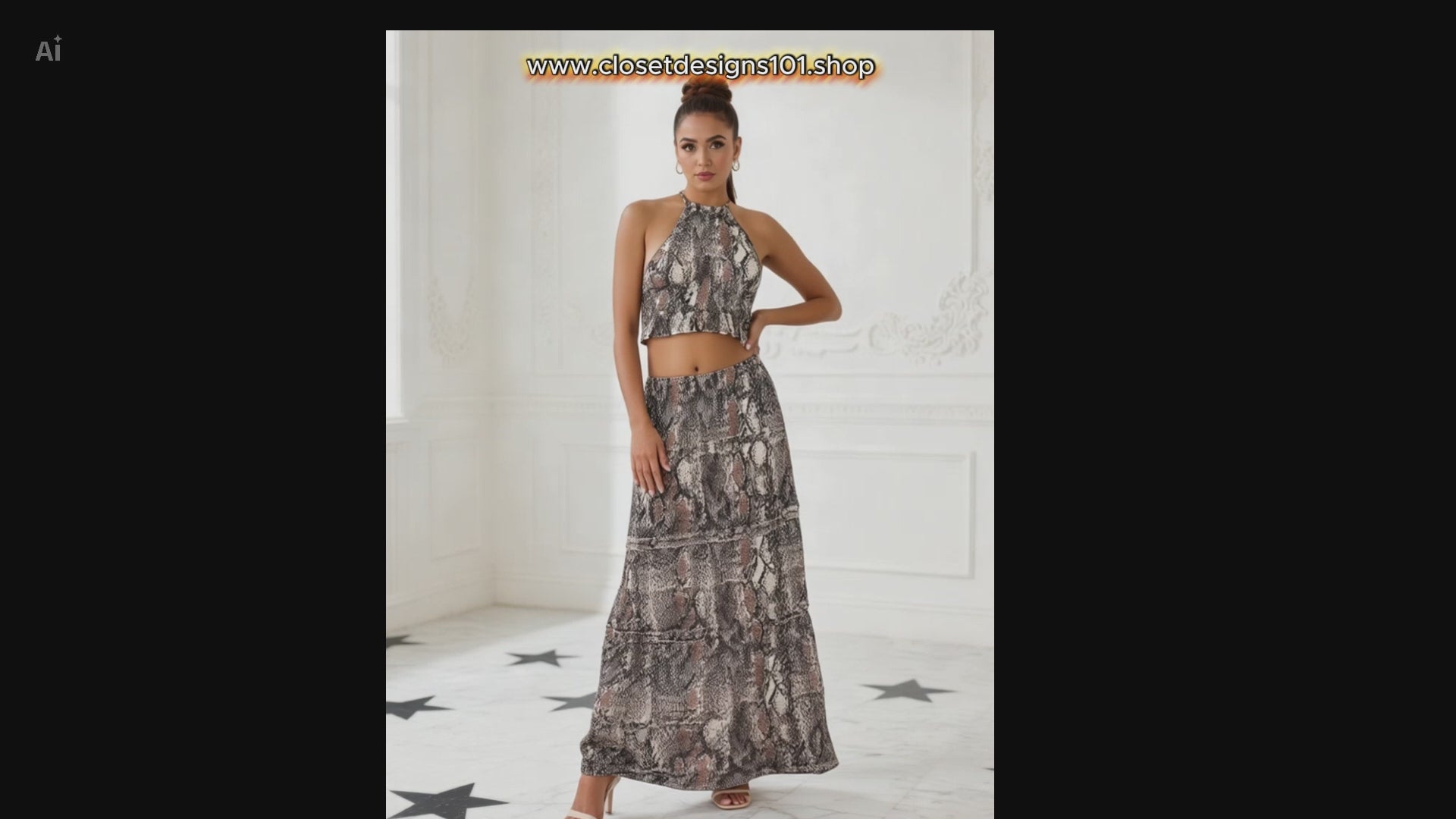 Women's Two Piece Snakeskin Printed Maxi Set. Long flowy maxi skirt with matching halter- top Absolutely Stunning.  a beautiful ensemble