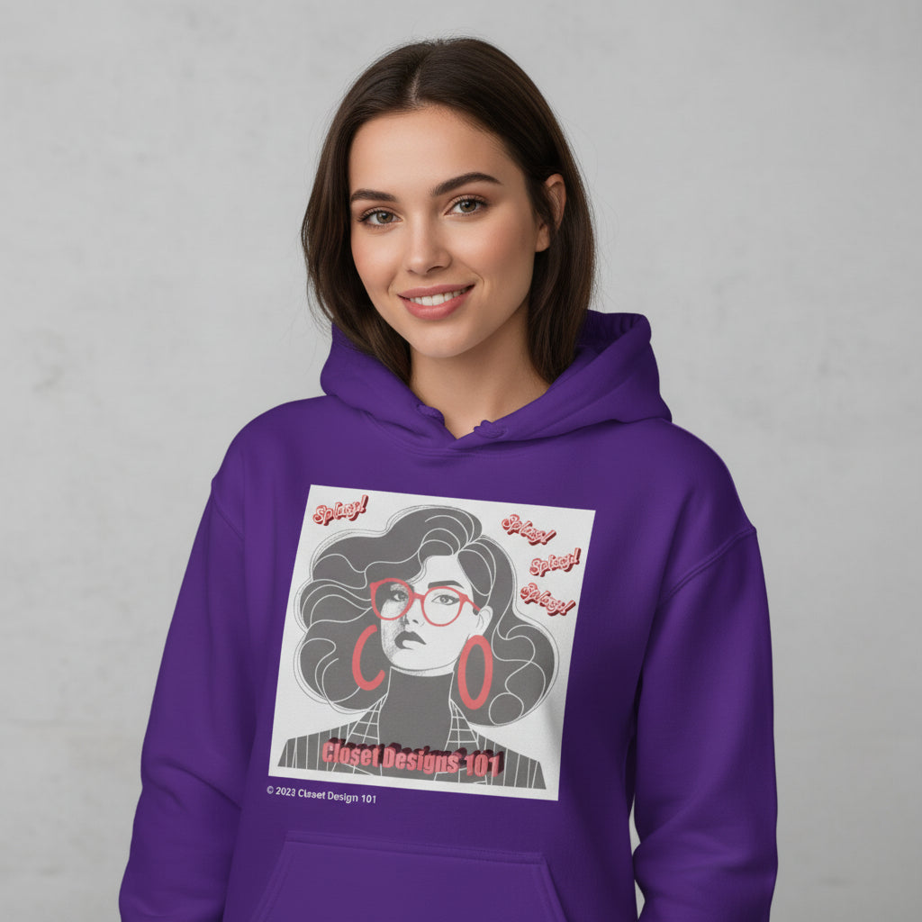 Purple hoodie with a graphic design of a woman with glasses and text on a white background
